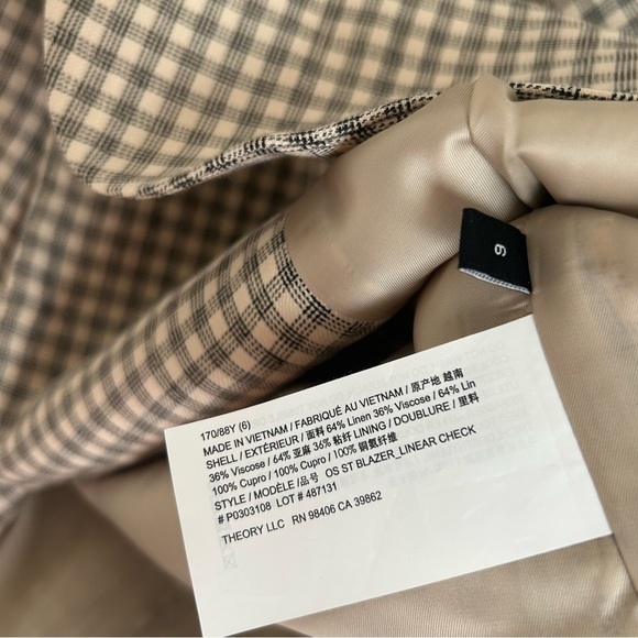 Theory Check Linen Blend Blazer Cream/ Grey Multi Size 6 - Picture 10 of 14